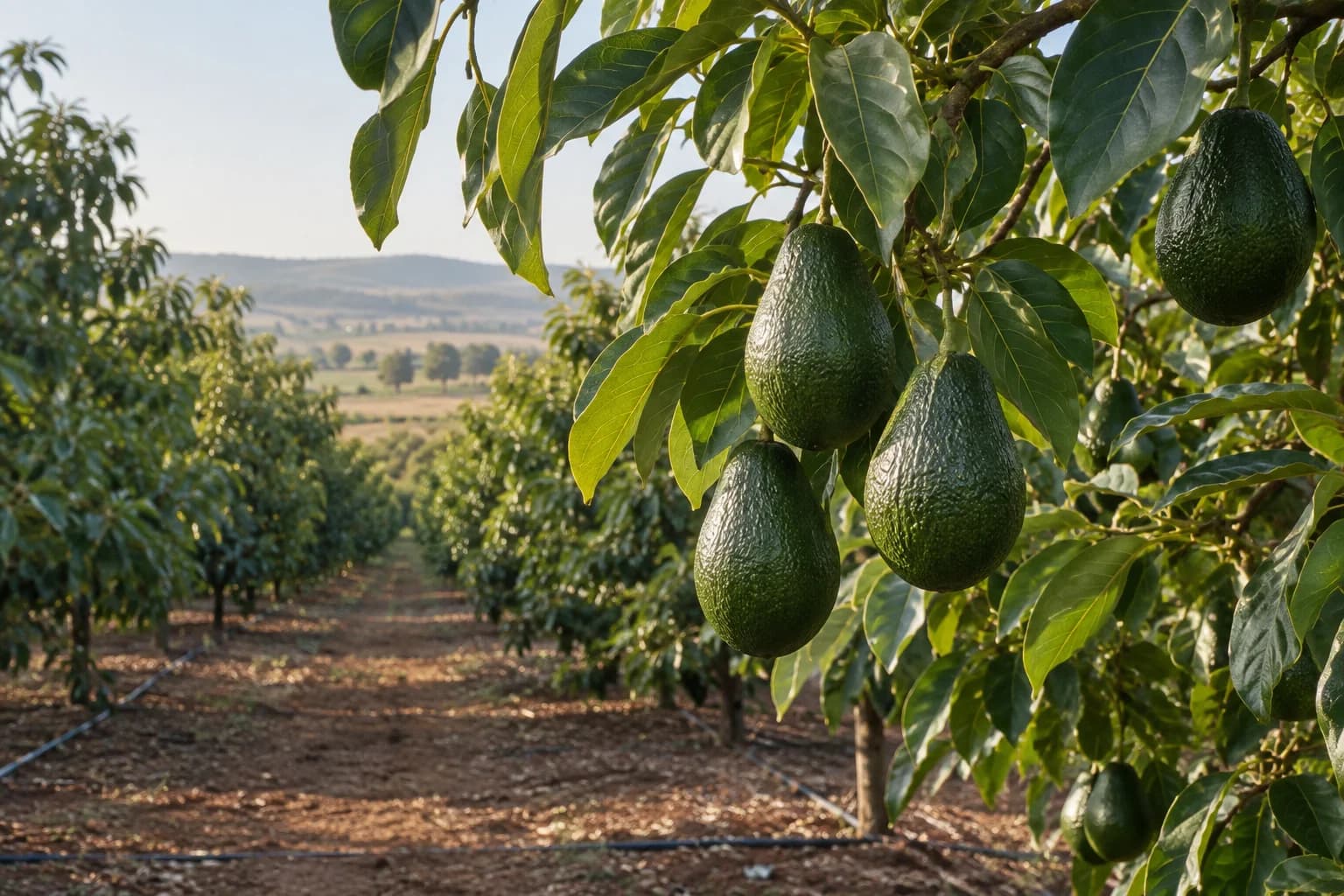 ثمار أفوكادو على غصن في مقدمة بستان مسقي