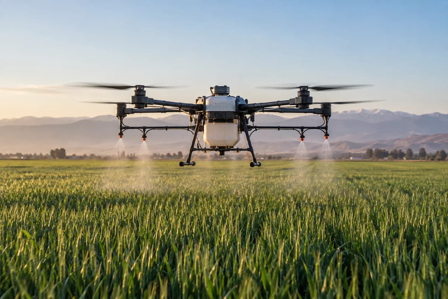 Illustration IA d'un drone agricole pulvérisant au-dessus d'un champ de blé