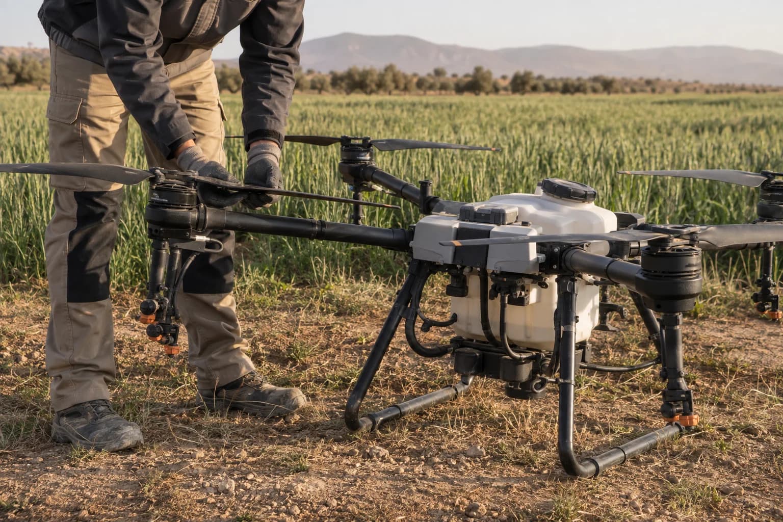 Illustration IA d'un technicien inspectant les hélices d'un drone au sol